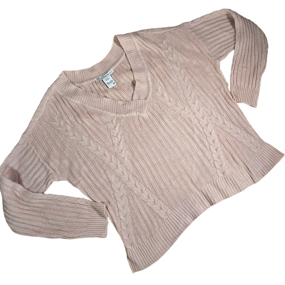 American Rag Cable Knit V Neck Sweater Women's Medium Pink Acrylic